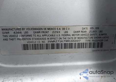 2009 Volkswagen Jetta Se из США, поврежденный, VIN 3VWRZ71K79M165007